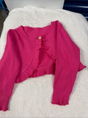 Girls' Fuchsia Ruffle Ribbed Cardigan